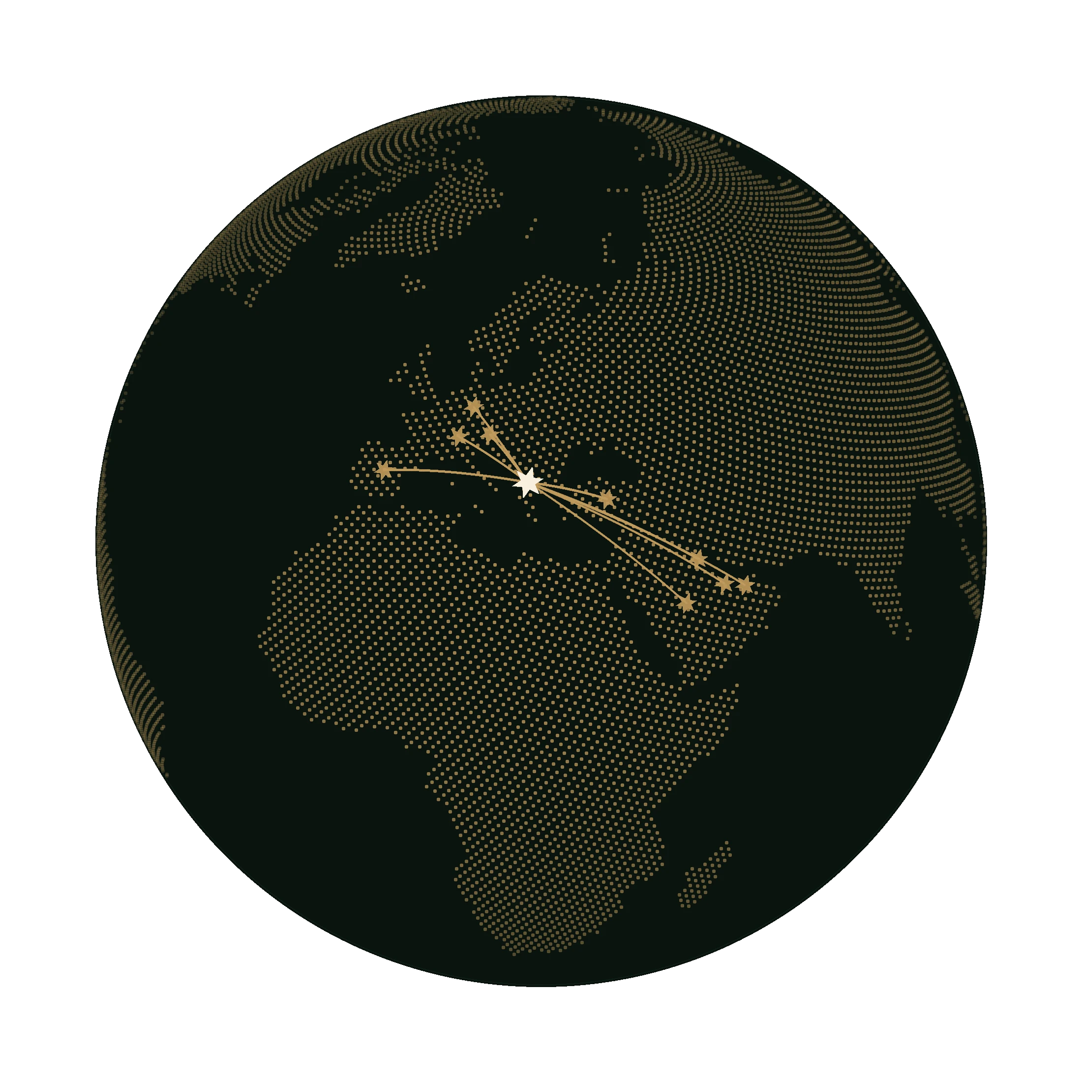 A dark globe with routes radiating from North Macedonia to the Balkans, Germany, Austria, Switzerland, Türkiye and the Gulf.
