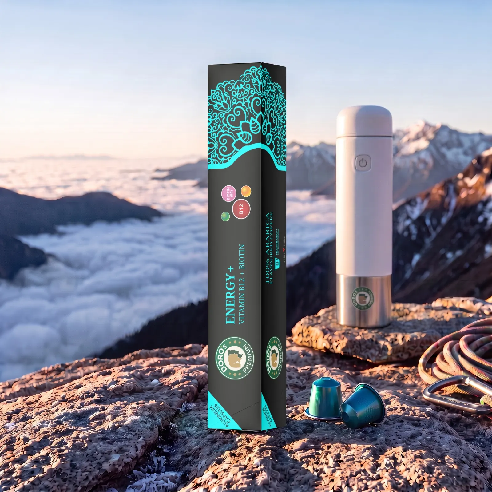 A Doro's Energy+ capsule box standing on granite at an alpine summit at first light, turquoise capsules and a steel flask beside it, cloud filling the valley behind.