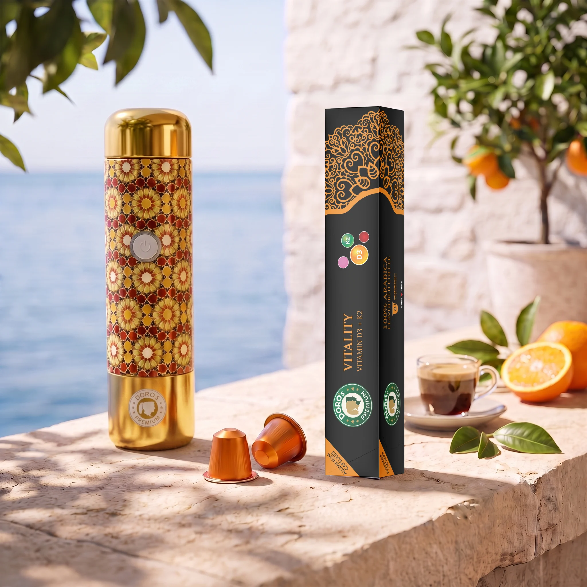 A Doro's Vitality capsule box and patterned Pocket Espresso machine on a sunlit coastal terrace, with copper capsules, an espresso and oranges beside them.