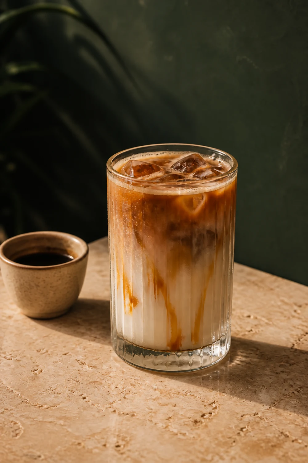 A ribbed glass of iced caramel latte with a visible milk and espresso gradient.
