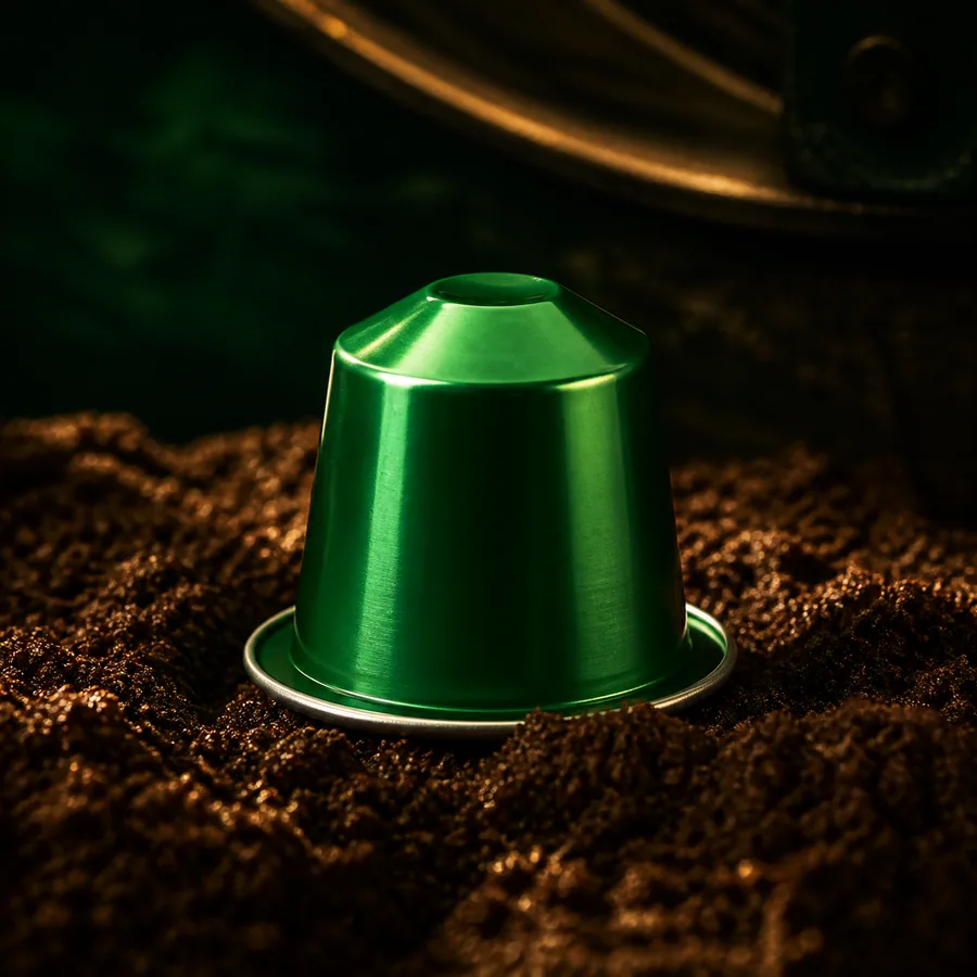 An emerald-green aluminium coffee capsule resting in freshly ground coffee.