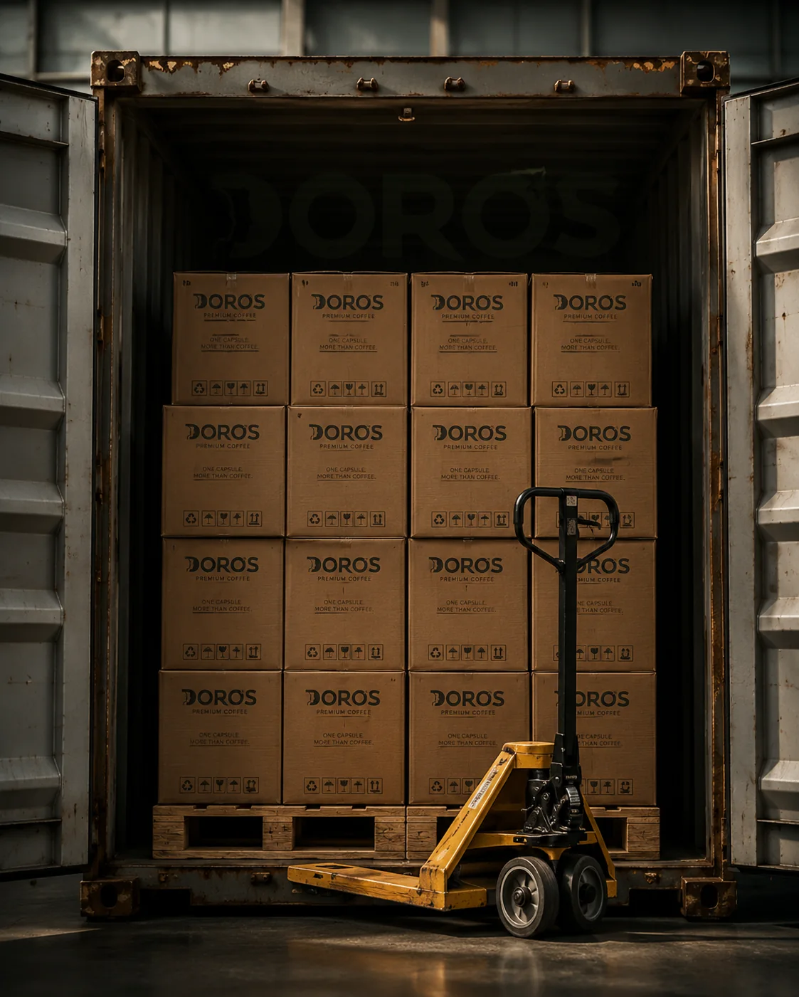 DORO’S coffee shipping cartons stacked inside a freight container.