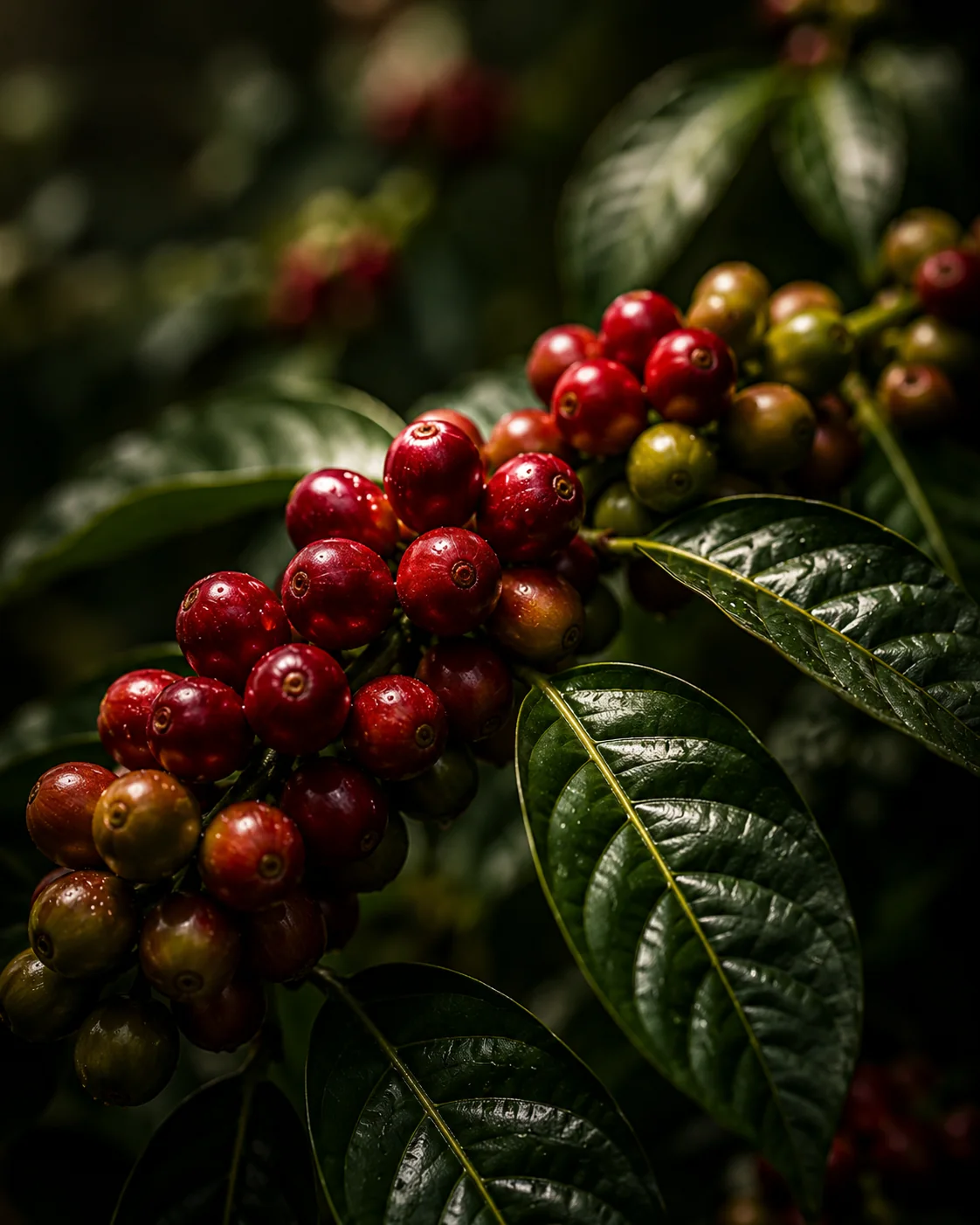 Ripe red coffee cherries growing among deep green leaves.